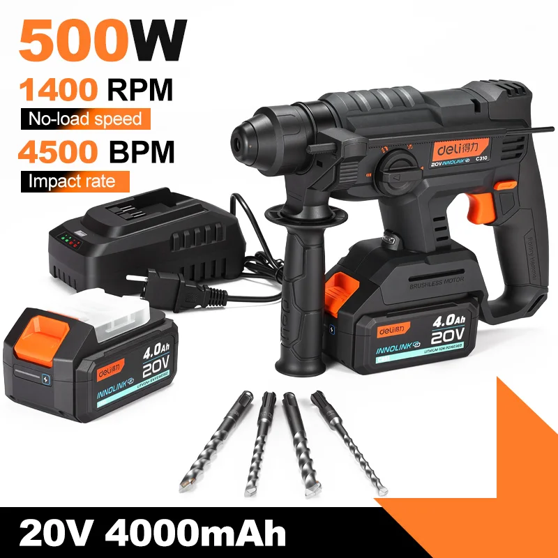 DELI 500W Brushless Electric Hammer Drill Portable Cordless Lightweight Impact Drilling Power Tools For 20V Battery