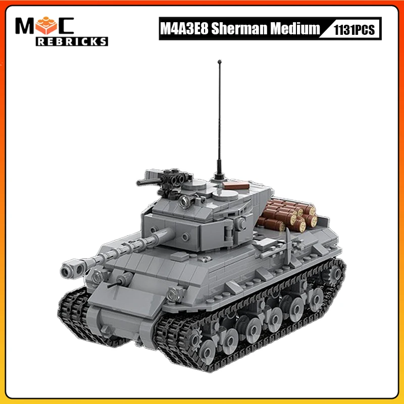 MOC WWII US Military Series M4A3E8 Sherman Medium Tracked Armored Tank Building Blocks DIY Model Puzzle Bricks Toys Xmas Gifts