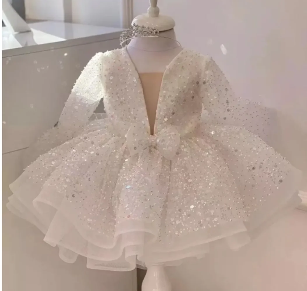 

Flower Girl Dresses For Wedding Party Long Sleeves Sparkling Beading Sequined Birthday Gown First Communion Dresses