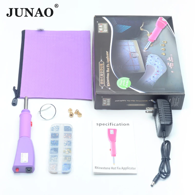 JUNAO Fast Heated Hotfix Rhinestone Set Pink Style Hot Fix Applicator Crystal Glass Iron-on Wand Heat-fix Tool Gun Garment Shoes