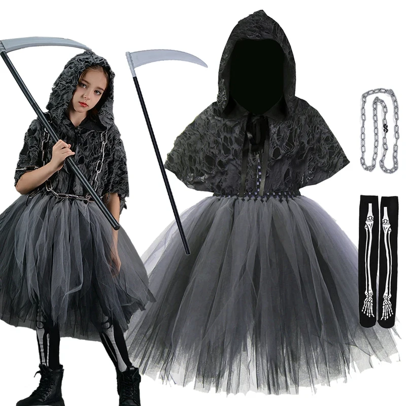 

❤2026❤ Halloween Costume Girls Death Dress Up Tutu With Hoodies Girls Evil Role Playing Tulle Frocks Kids Carnival Party Sickle❤