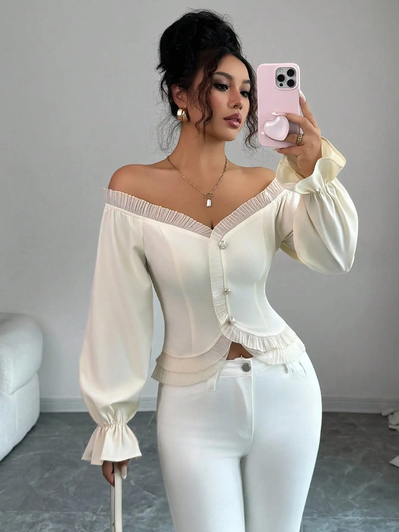 

Elegant Off-Shoulder Ruffle Blouse with Puff Sleeves for Women, Autumn Fashion Top