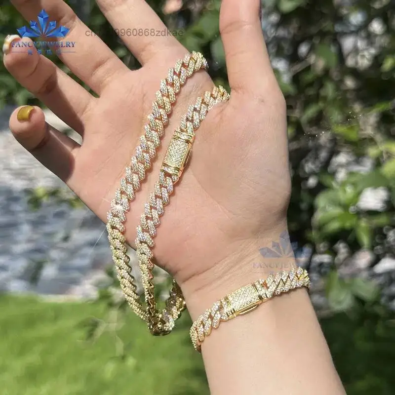Fashion Custom Hip Hop Necklace Jewelry 925 Silver White Yellow Solid Gold Plated VVS1 Moissanite Diamond Iced Out 8mm Cuban Lin