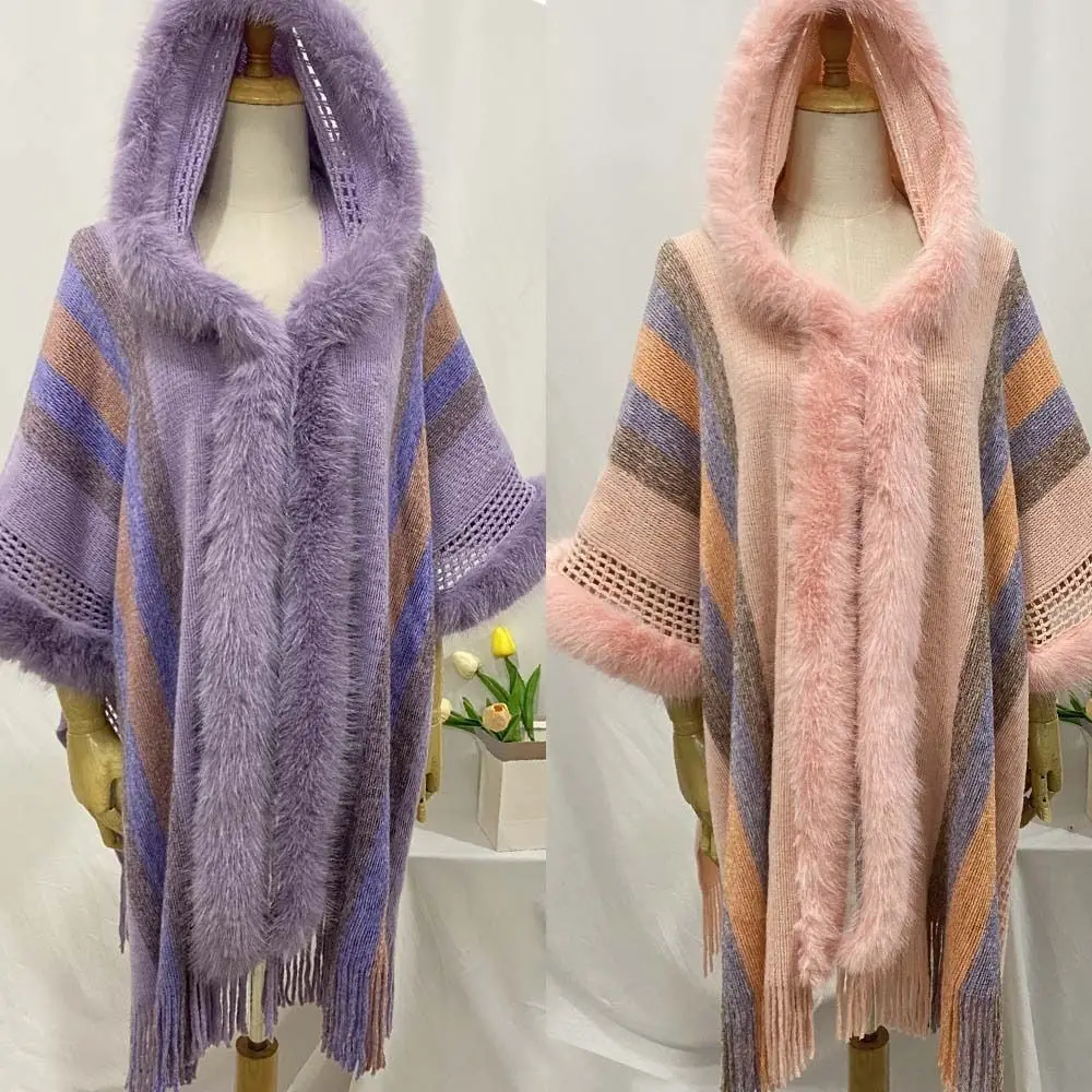 Women Fashion Winter Warm Hooded Cape Shawl Ethnic Style Imitation Cashmere Tassel Shawl Knitted Cardigan