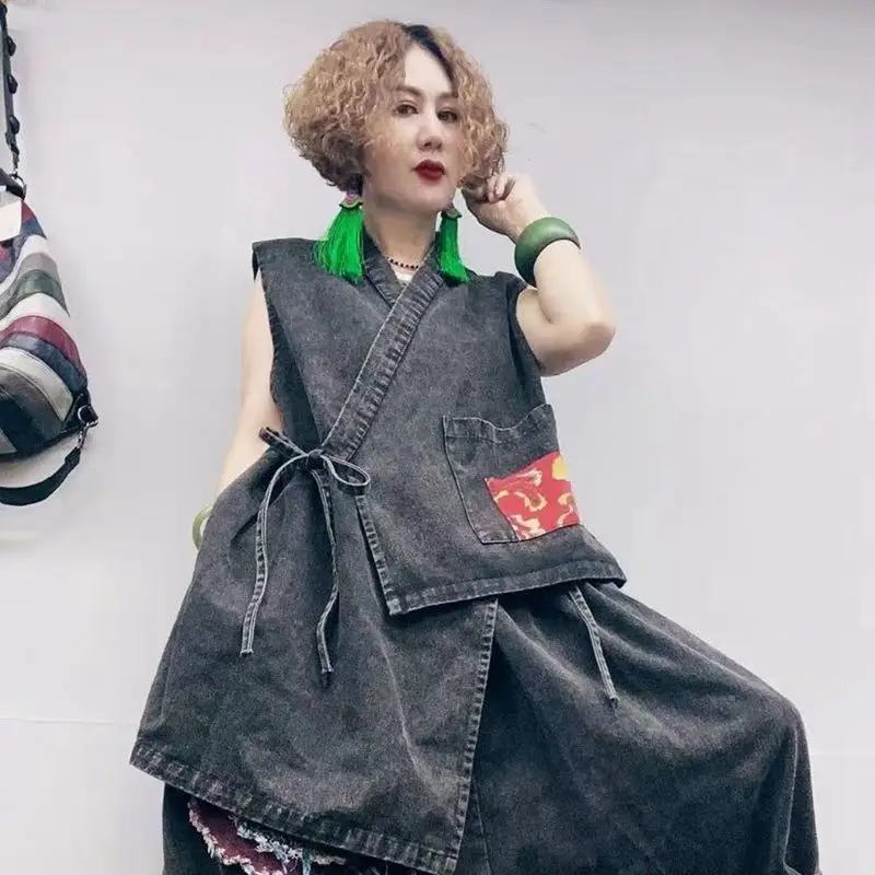 

Vintage Denim Irregular Vest Wide-leg Pants Set Women 2-piece Set Spring Summer Sleeveless Top Elastic Waist Straight-leg Pants