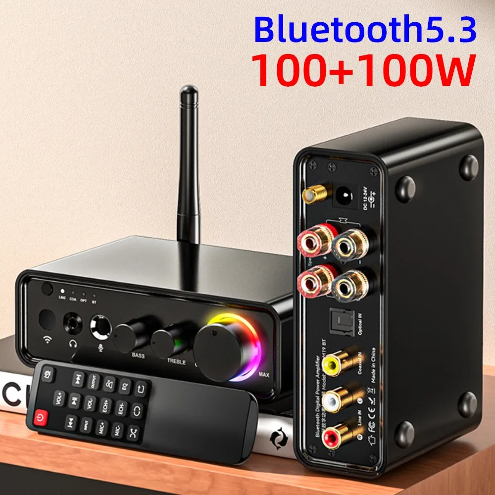 Bluetooth 5.3 Mini TPA3116D2 Class D Power Amplifier 2.0 Audio Amplifier 100Wx2 200W with Microphone Optical Coaxial Input