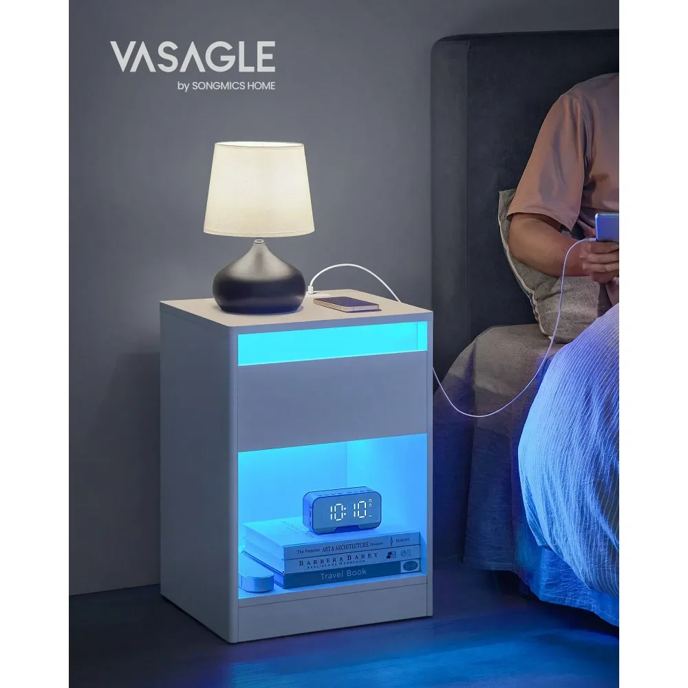 

Nightstand With Charging Station, Side End Adjustable LED Lights, Bedside Table With Drawer 2 AC Outlets, 2 USB Ports, Modern,