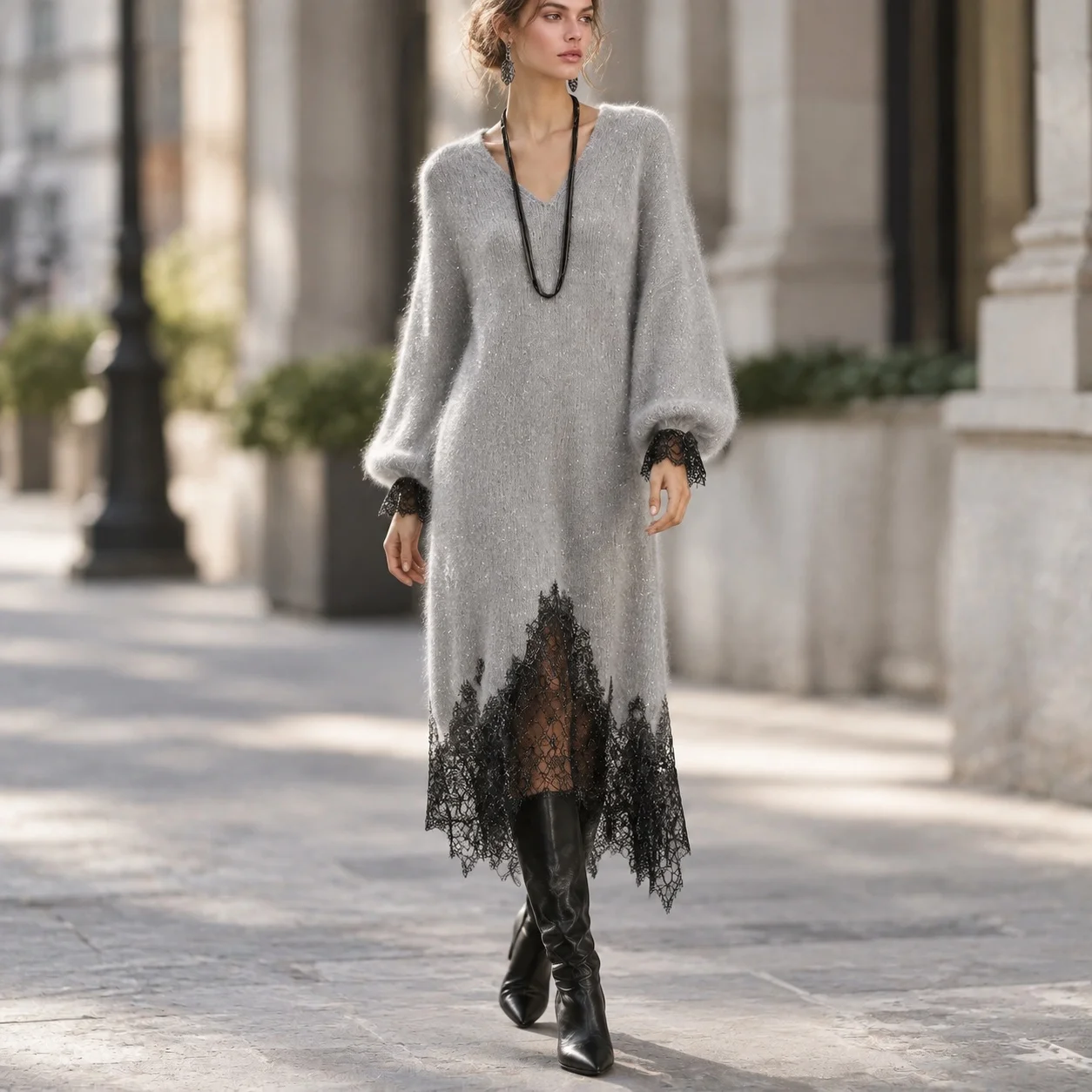 Patchwork Dress Casual Mid Length Commuter Chic with a Line Silhouette V Neck Long Sleeves High Waist Women Casual Dresses