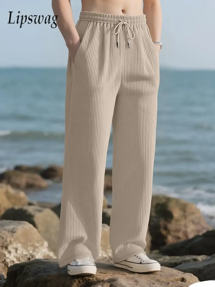 

Уличная одежда, винтажные мужские брюки в рубчик, модные однотонные свободные прямые брюки на шнурке, мужские весенне-осенние уличные повседневные брюки