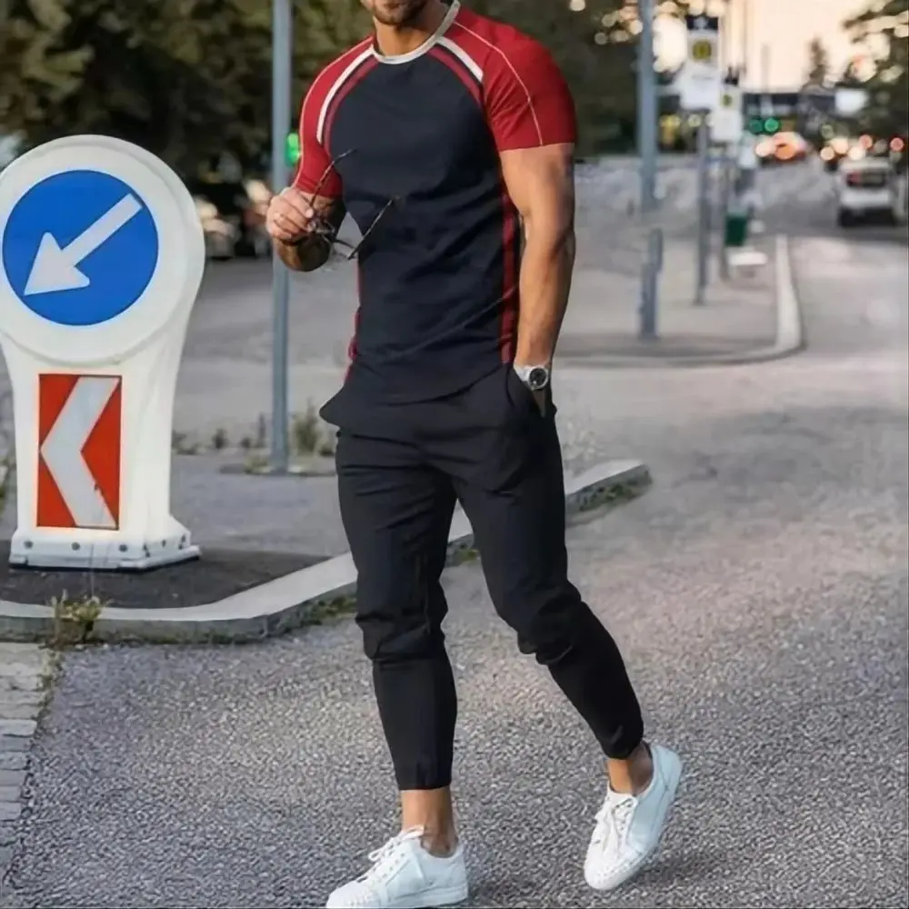 American style new men's gradient letter print breathable and comfortable T-shirt pants set outdoor street fashion two-piece set