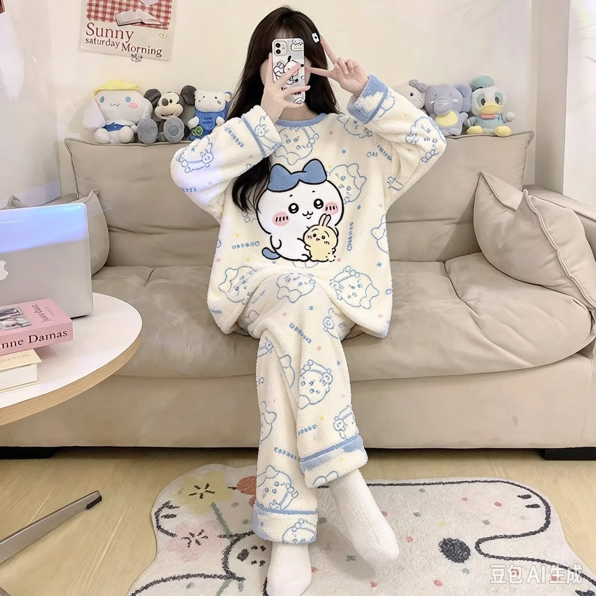 2027 Hachiware Chiikawa Character Print Pajamas Set Fleece Top Winter Cozy Flannel Home Sleepwear Cartoon Family Matching