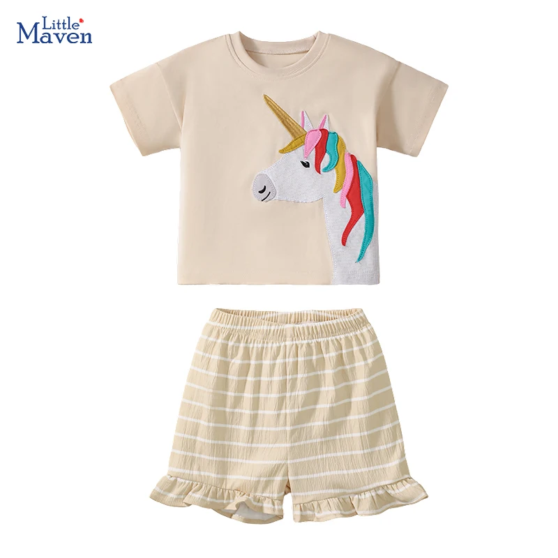 Детская одежда Little maven, детская одежда, спортивный костюм для маленьких девочек, коллекция 2025 года, летние хлопковые комплекты, футболки с рисунком единорога, топы + штаны