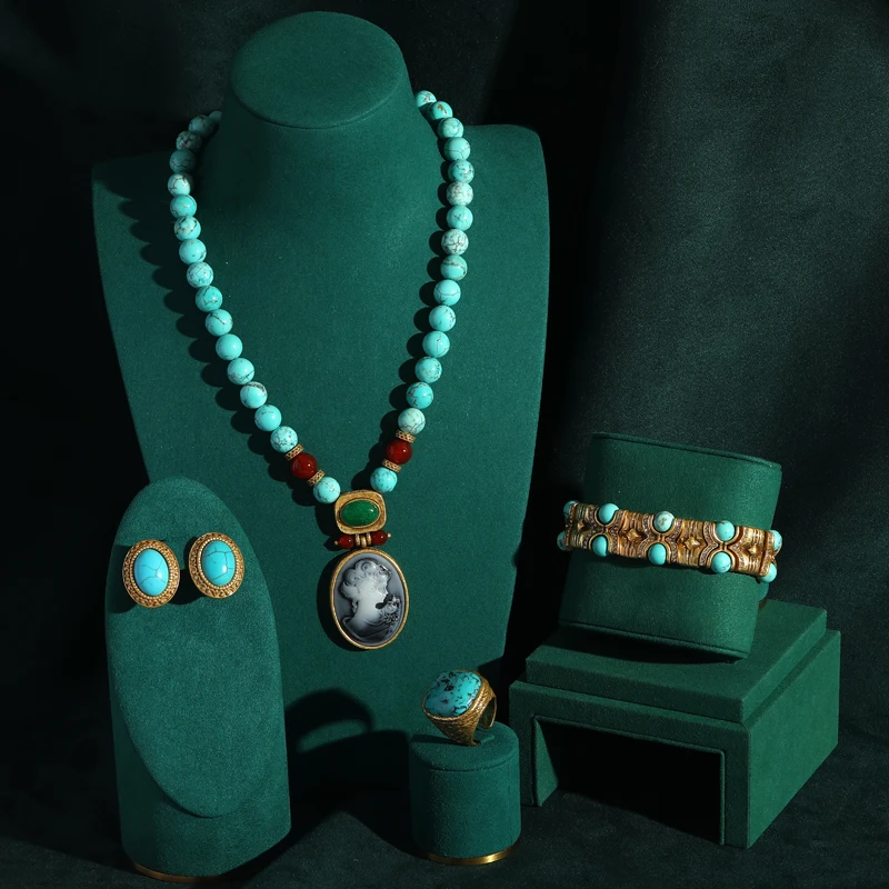 Vintage Blue Stone Turquoise Jewelry Set Necklace Earrings Bracelet Rings French Cameo Beauty Head Pendant Luxury Gifts New