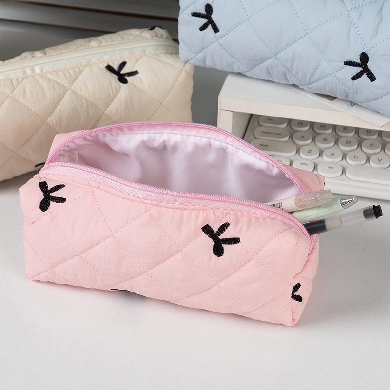 Simple Bowknot Large Capacity Pencil Bag Ins Style Fresh Quilting Stationary Storage Bags For Girls Makeup Pouch Pencil Case