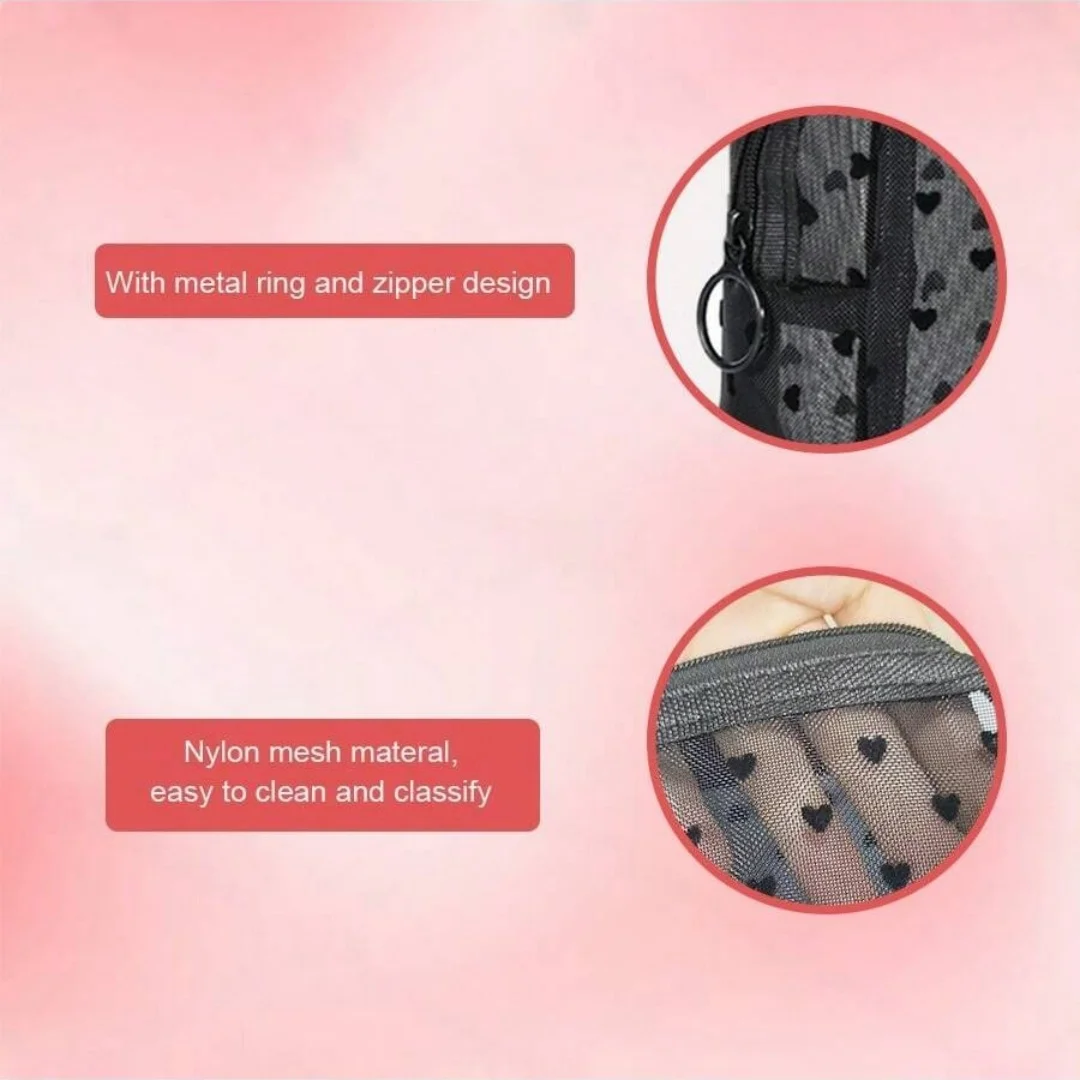 Zestaw 3 kosmetyczek z siatki, pluszowa torba do przechowywania w kształcie serca, przenośna torba podróżna do pielęgnacji, kompaktowy organizer na kosmetyki na podróż służbową.