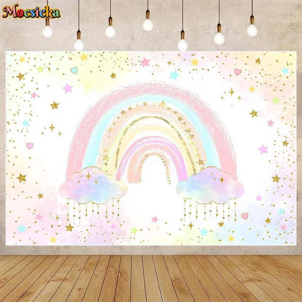 

Mocsicka Rainbow Backdrop Children's Room Wallpaper Gold Dots Color Star Baby BIrthday Party Decor Background Photo Studio Props