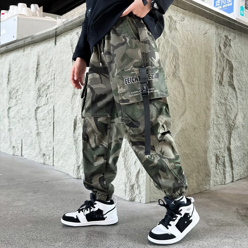 Kids Camouflage Jogging Pants Streetwear Cotton Cargo Trousers Harajuku Casual Joggers Spring Fall for Boys Clothes 6 to 14 Year