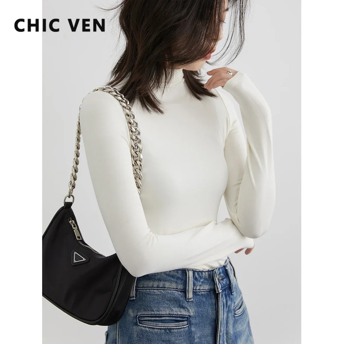 CHIC VEN Women\'s T-shirt New Multi Color Woman Tees Base Shirt Slim Fit Female Tops Office Ladies Clothing Spring Autumn 2023