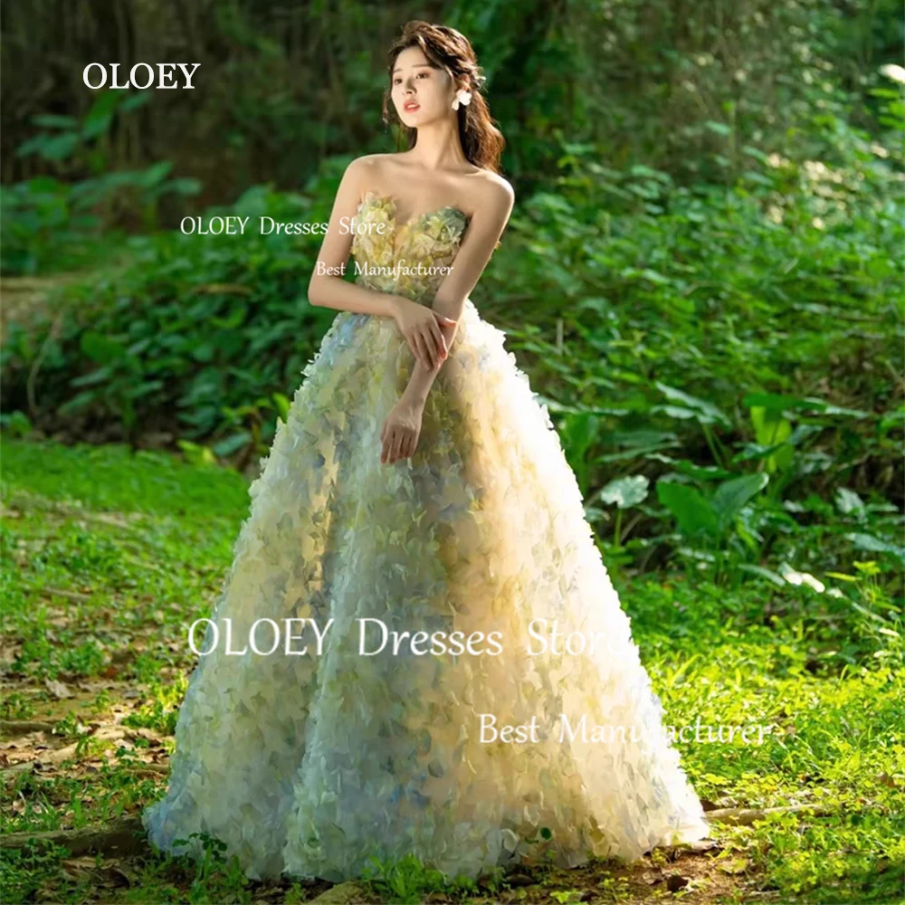 OLOEY Exquisite Green 3D Appliques Tulle Prom Dresses Korea Wedding Photoshoot Sweetheart Party Dresses Strapless Floor-Length