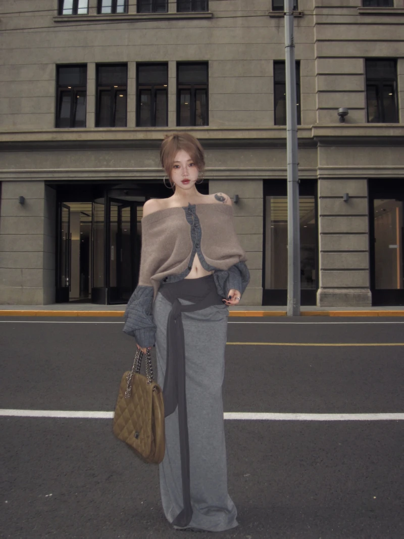 

Women's Knitted Sweater Coat Two-Piece Set High Waist Wrap Skirt Color Block Shoulder Design Winter Fashion Outfit Casual Wear