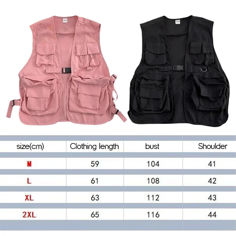 Multi Pockets Cargo Waistcoat Solid Color Hip Hop Style Women Men Cargo Waistcoat Sleeveless Loose Buckle Closure Jackets Vests