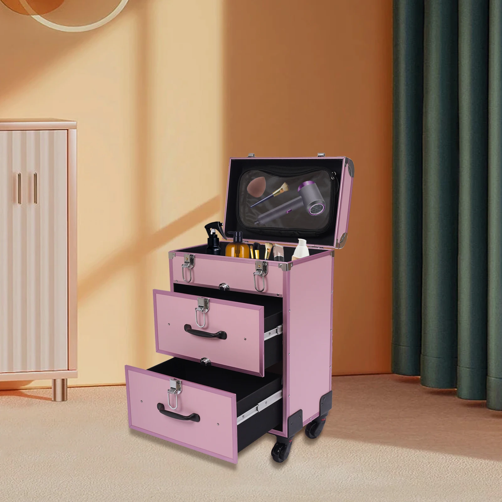 

Rolling Makeup Train Case with Drawers, Large Cosmetic Trolley with Locks, Cosmetics Storage Organizer Make up Case