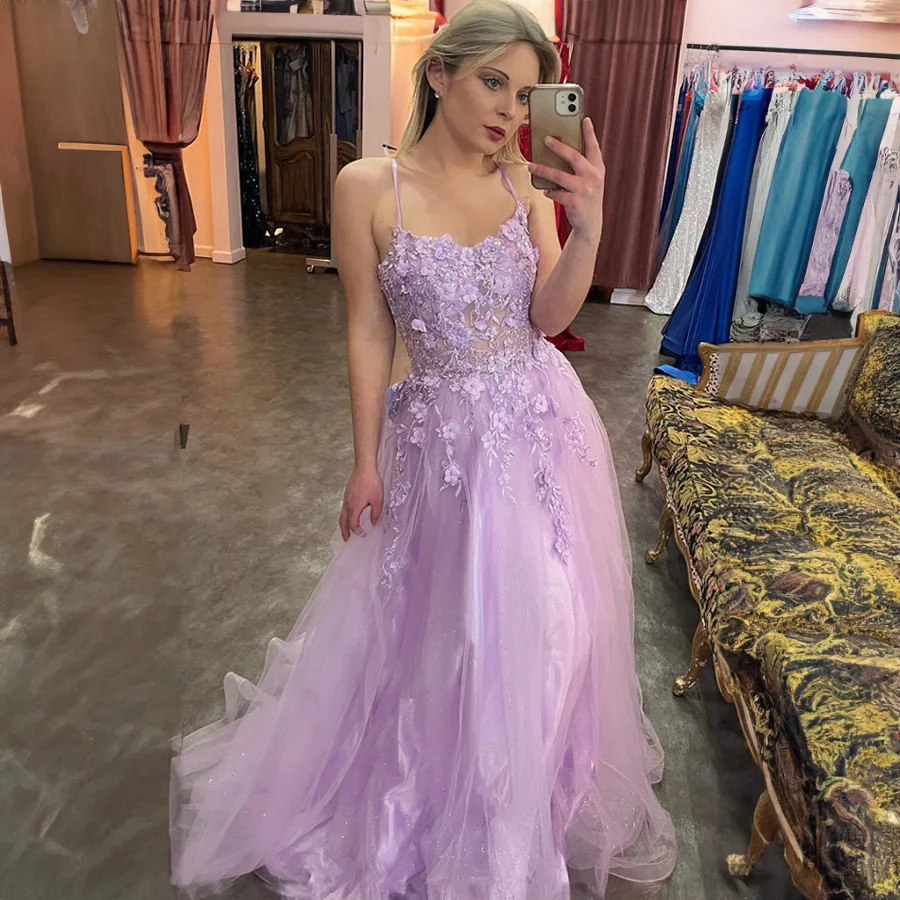 Elegante senza spalline colletto da barca Applique pizzo Tulle abito da ballo per le donne a-line lungo Prom Party Gown robes de soirée