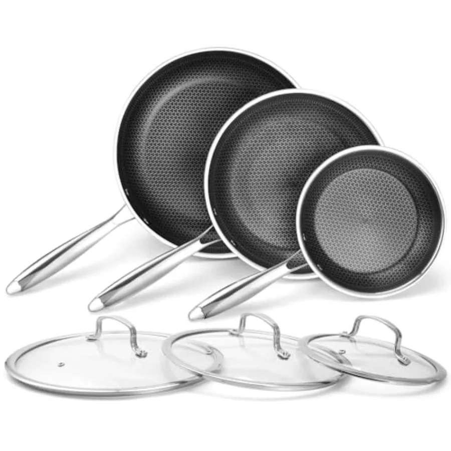

Набор антипригарных сковородок 8, 10 и 12 дюймов, 6 предметов, с крышками из закаленного стекла, ручками, не нагревающимися при контакте с воздухом, без PFOA, нетоксичные, для мытья в посудомоечной машине
