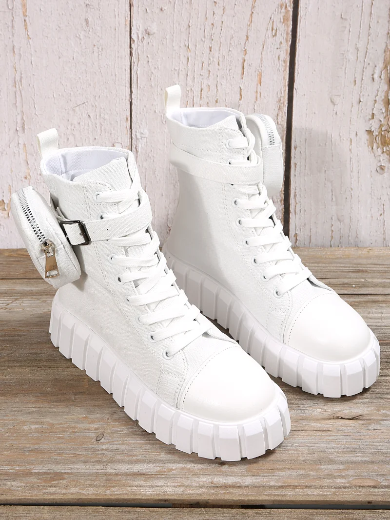 High-top Pocket Boots Women Winter Shoes New White Female Canvas Shoes Autumn Platform Martern Boots Casual Plush Ankle Booties