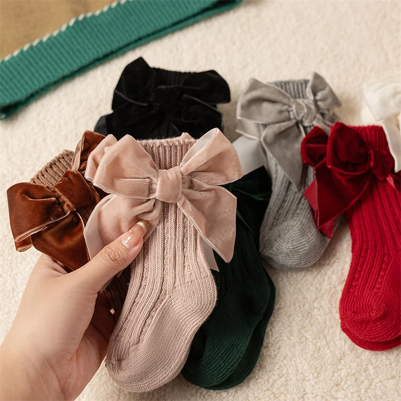 Spring Autumn Baby Girls Big Bowknot Socks Kids Thick Knitted Sock Warm Soft Cotton Children Princess Socken For 0-5Years