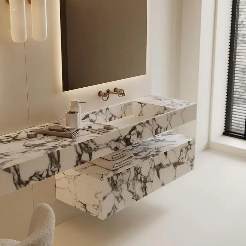 

French Style Luxury Stone Vanity | Wall-Mounted Bathroom Vanity Set | Modern Floating Sink Cabinet w/ Storage, High-End Vanity