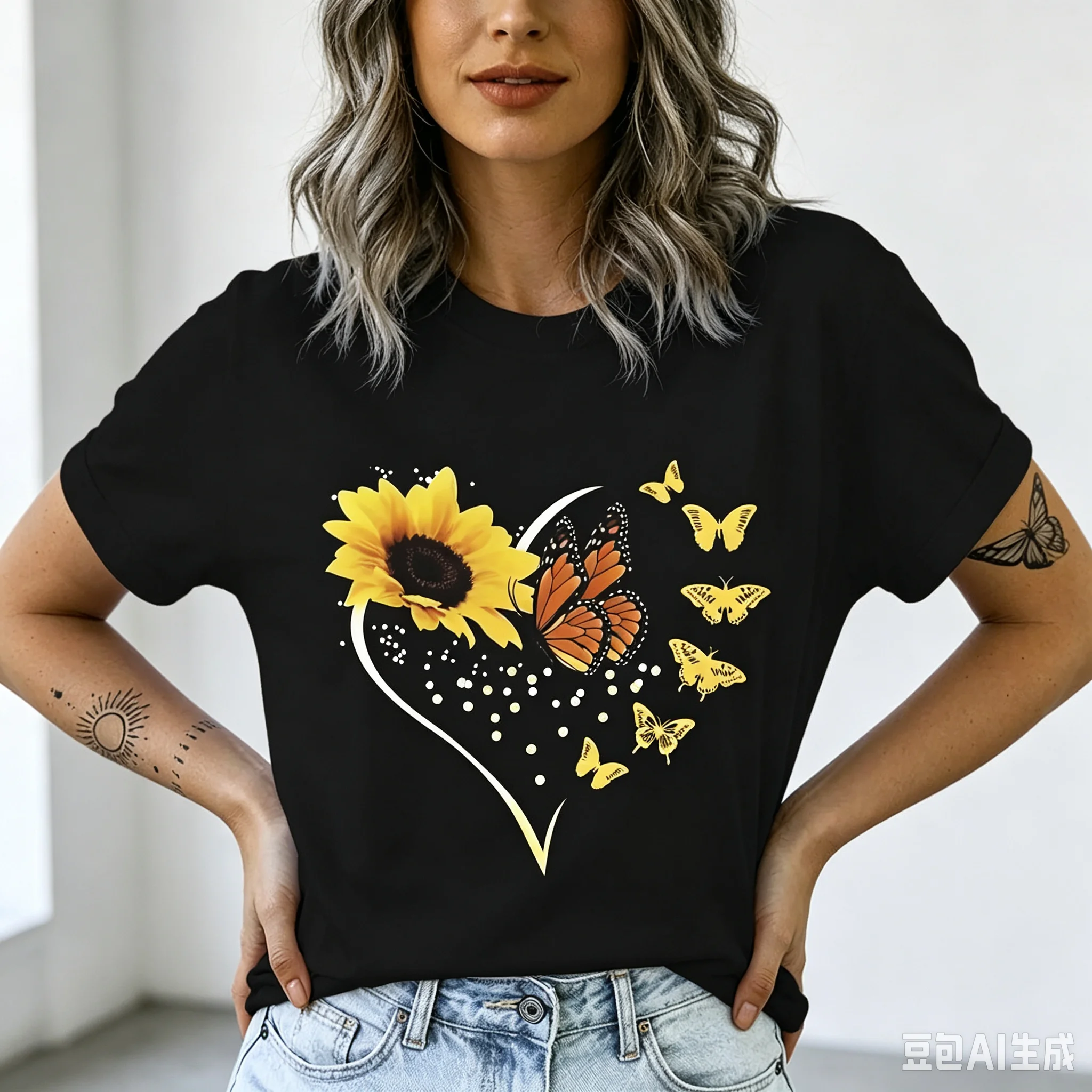 Sunflower Butterfly Heart T-Shirt Women Yellow Flower Monarch Butterfly Graphic Tee Casual Short Sleeve Tops Soft Modal Shirt