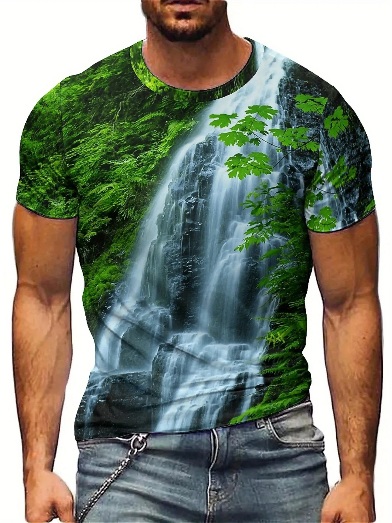 

Мужская футболка с 3D-принтом «Водопад и зелень» — дышащая футболка с короткими рукавами для активного отдыха