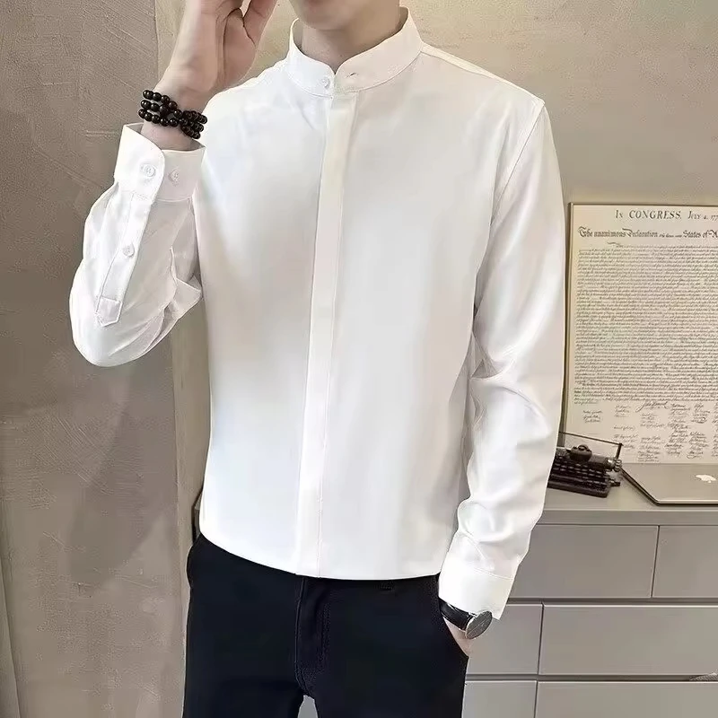 

Chinese Style New Fashion Men's Casual Basic Solid Color Slim Stand Collar Long Sleeve Single-breasted Shirts Male Clothes Tops