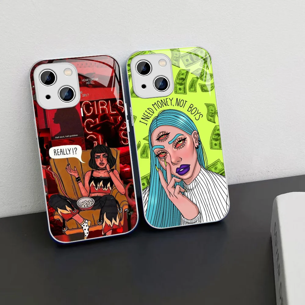 Aesthetic Devil Woman Bad girl Painted Phone Case For iPhone 15 13 12 Mini 11 Pro XS Max X XR 14 Plus Tempered Glass Cover