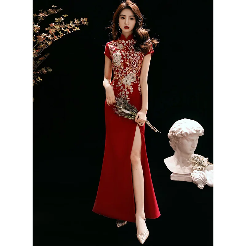 

Long Fi Tail Qipao Wedding Dr Red Wine Color Engagement Return Gift Dr New Fall Collection Ele Sexy Chinese Costume