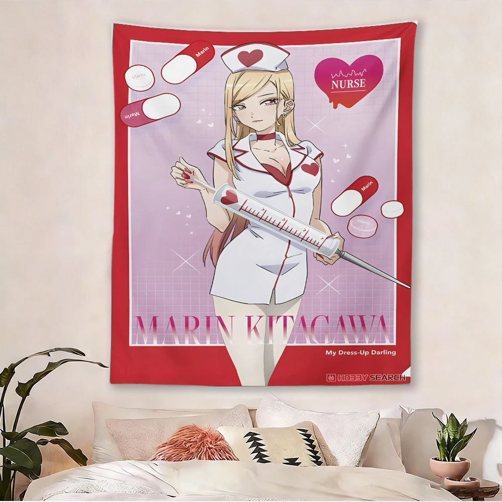 My Dress-Up Darling M-Marin K-Kitagawa Nurse Tapestry, Anime Girl Wall Hanging, Polyester Backdrop for Bedroom, Otaku Room Decor