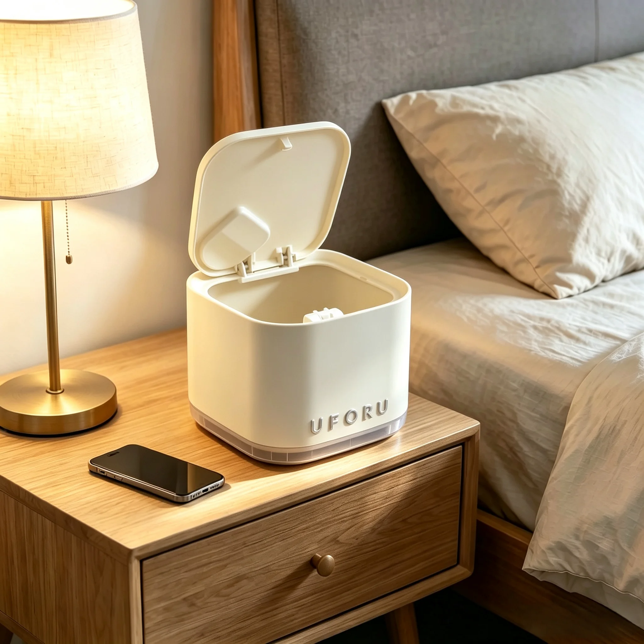 Cream Style Desktop Press Waste Can with Built-in Brush, Small Countertop Garbage Bin for Bedroom Makeup Table Study Room