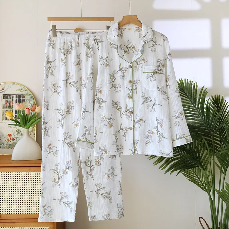 2026 New Spring And Autumn Women's Pajama Set 100% Cotton Crepe Long Sleeve Long Pants Two Piece Home Clothes Sleepwear Ladies