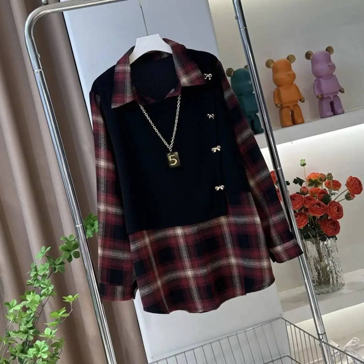 Spring Autumn Plaid Fake Two Piece Shirt Loose Versatile Midi Length Casual Lapel Top Women's Sweet Bow Long Sleeved Blouse