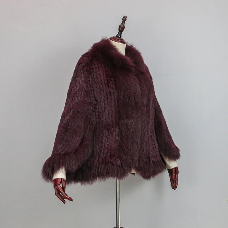 New Extra Long Real Genuine Natural Knitted Rabbit Fur Shawl Coat with Fox Fur Collar Women's Fashion Knit Jacket Cape