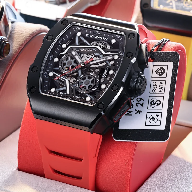 Men's Watch Hollowed-out 50m Waterproof Mechanical Sapphire Glass Sports Watch Silverstone Series Wine Barrel Shape Perfect Gift