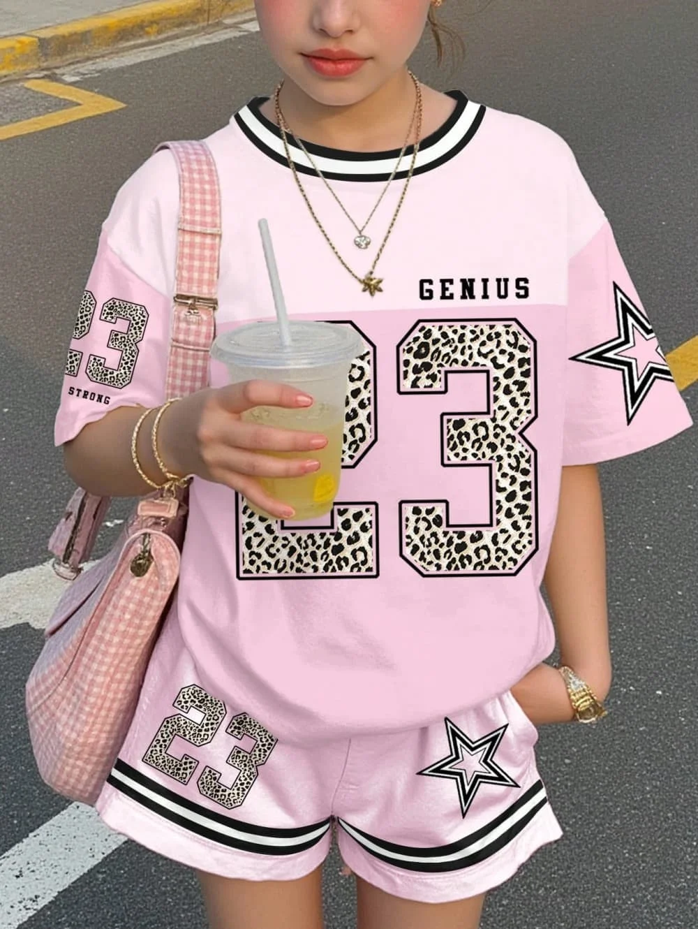 Children's Short-Sleeved Set 2026 Summer New Style Street Digital Print Pattern Sport Style Y2k Top Casual Round Neck Casual Set