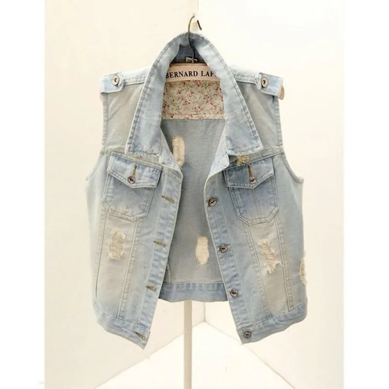 5XL Large Size Sleeveless Slim Hole Jeans Jacket Waistcoats Casual Tops Single Breasted Women Denim Jacket Vest Short Outerwear