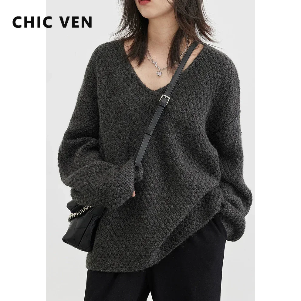 CHIC VEN Women\'s Sweaters Loose V-neck Jumpers Long Sleeve Pullover Female Coat Woman Clothing Spring Autumn 2023