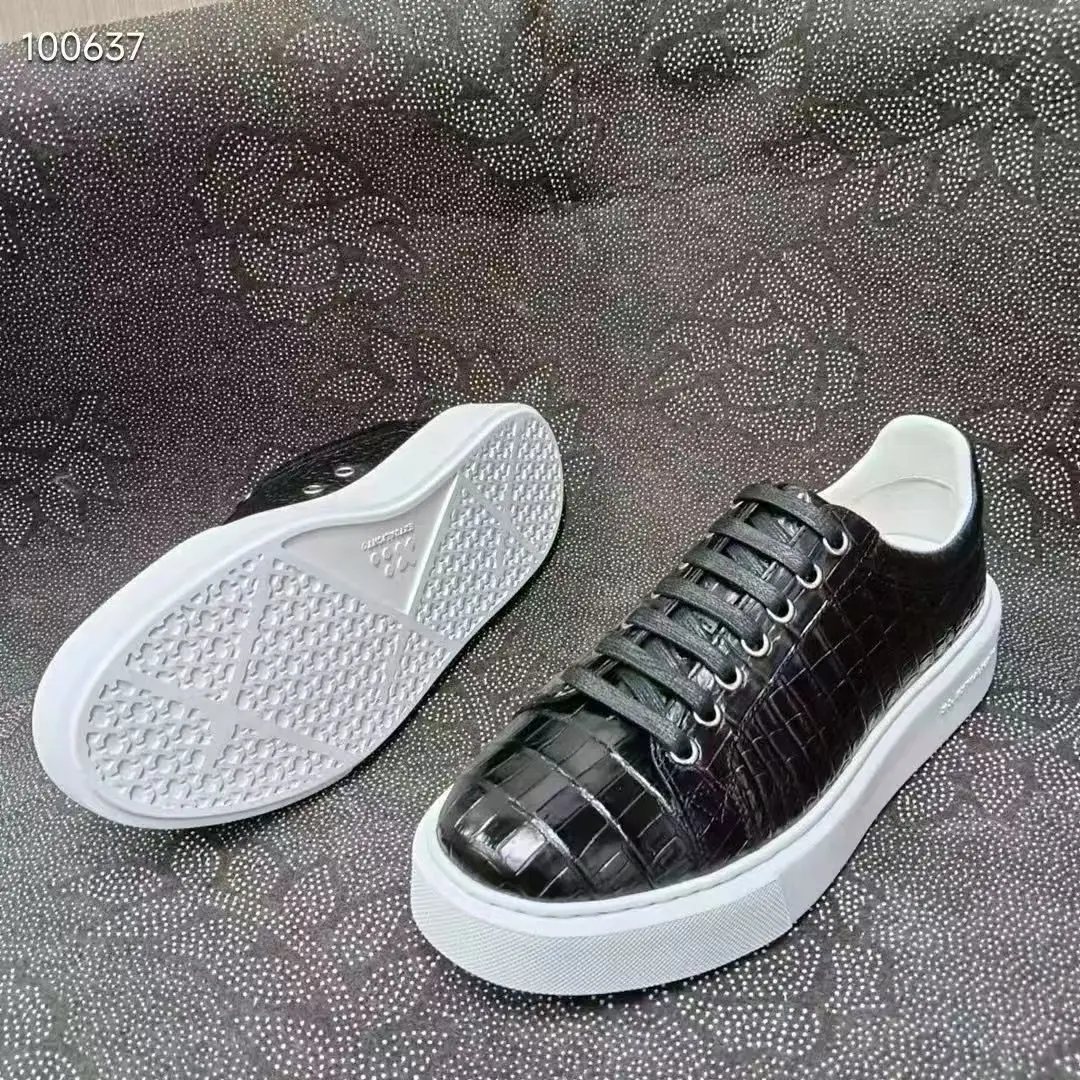Black&White Color New Genuine Crocodile Skin Men Shoes with Cow Skin Lining Alligator Skin Leisure Sneaker Flat Shoe Thick Sole