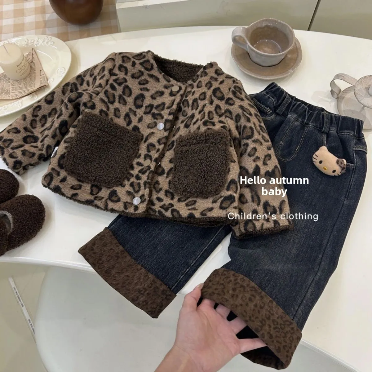 Thickened Double-sided Faux Fur Coat for Girls Leopard Print Warm Autumn Winter Children's Clothing Korean Style Two-piece Set