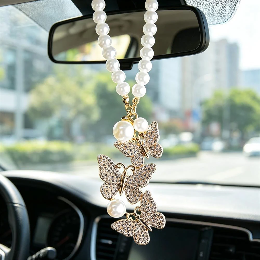 High-End Simulated Pearl Butterfly Car Pendant Alloy Rhinestone Chain Interior Decoration Jewelry Accessory