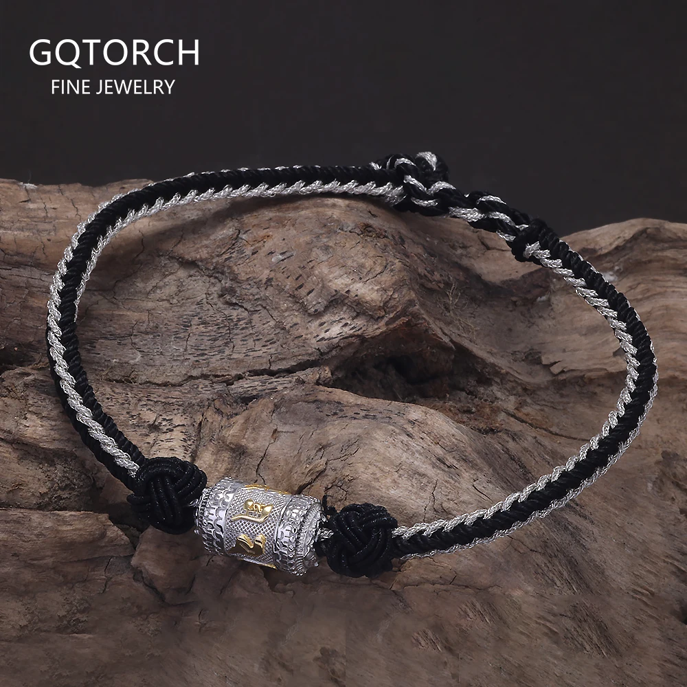 

925 Sterling Silver Six Words Charm Handwoven Rope Bracelet for Men Women Braided String Retro Buddhist Talisman Jewelry