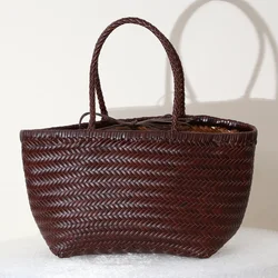 Bolso de hombro de cuero genuino para mujer, bolso de compras informal tejido, bolso grande Vintage, bolso de mano cruzado de piel de vaca